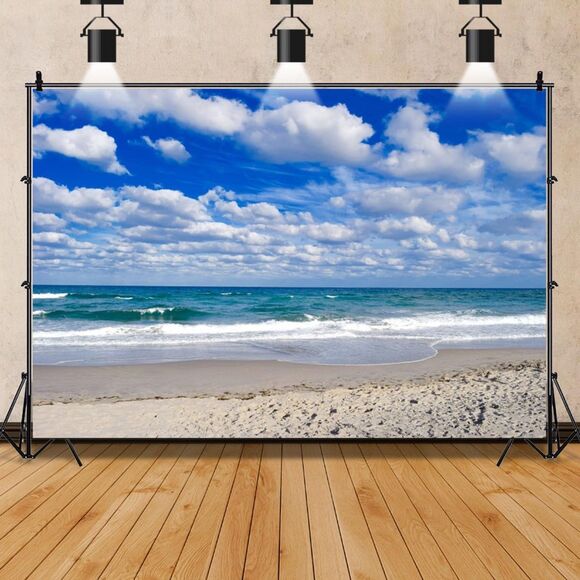 AOFOTO 10x7ft Beach Background Blue Sky White Clouds Photography Backdrop
